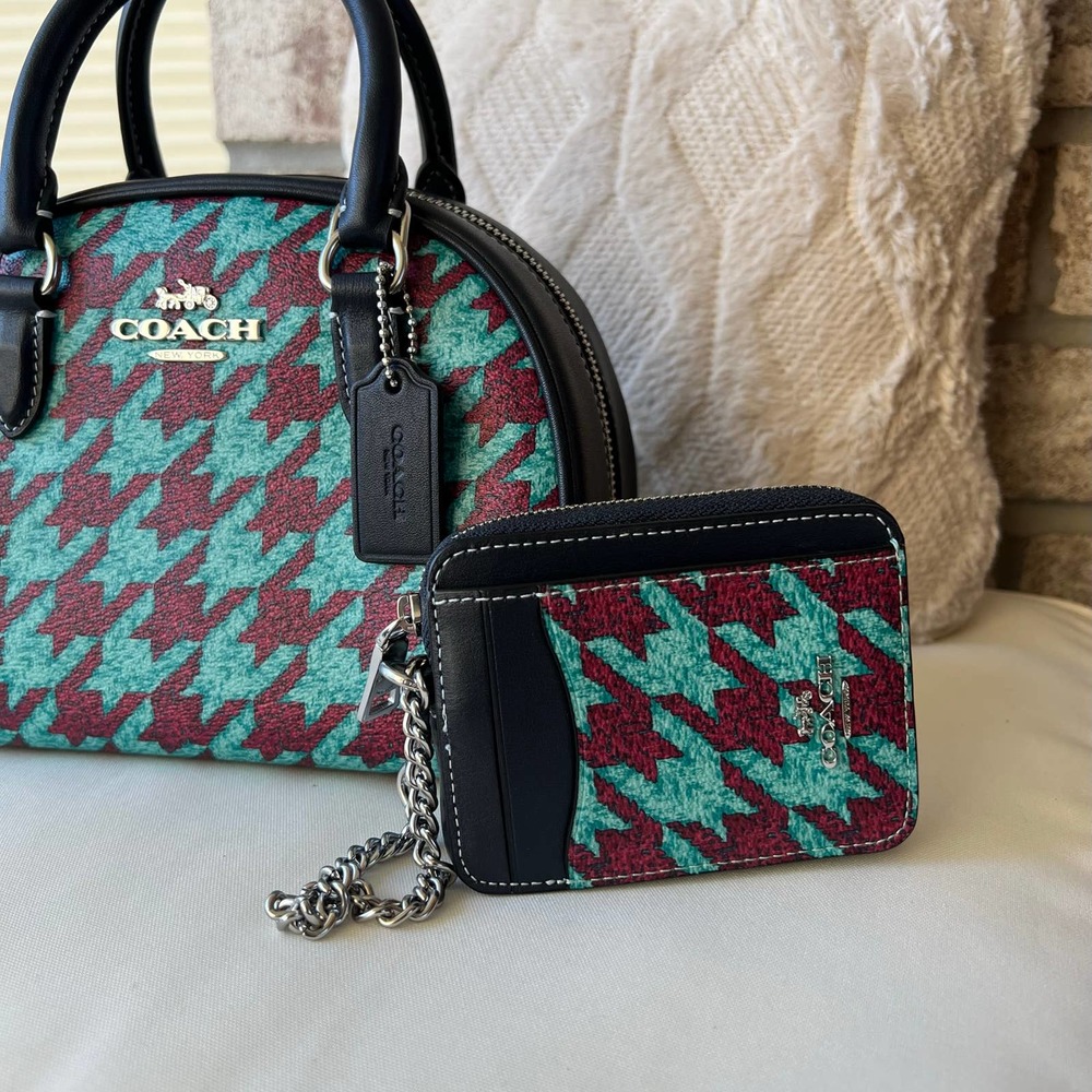 COACH Navy Sydney Satchel With Houndstooth Print NWT - Picture 2 of 5